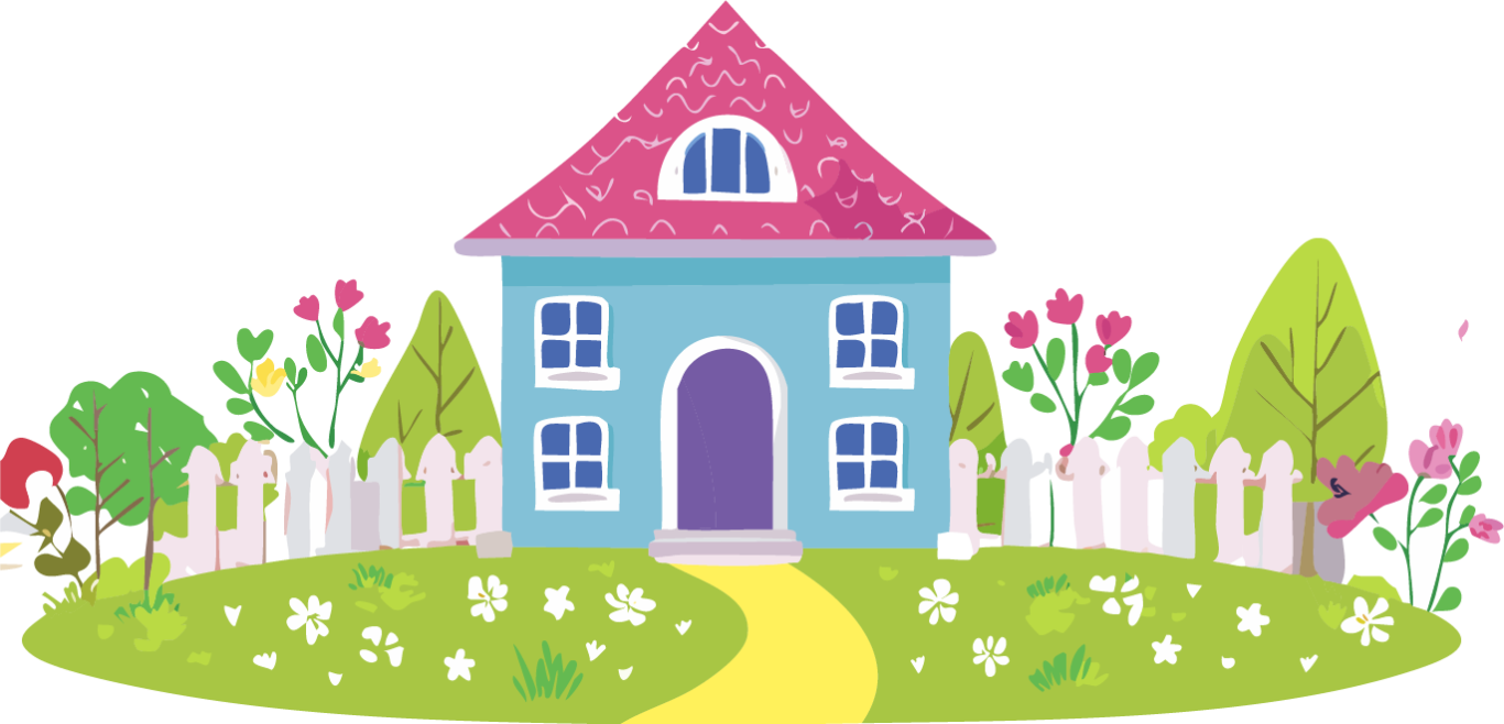 Bunte, stilisierte Darstellung eines Hauses mit Garten, Blumen und einem Gehweg.